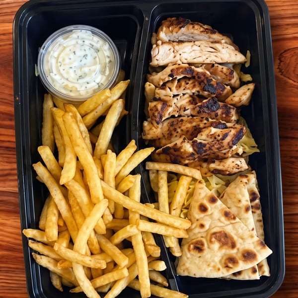 Grilled chicken, french fries, pita bread, and a side of sauce in a black to-go container.
