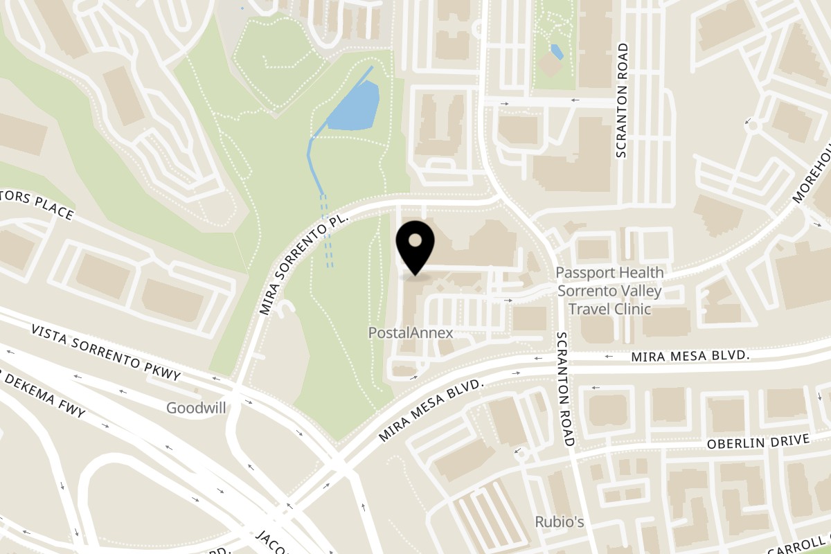 Map showing the location of Pita'NJoy Mediterranean Grill on 9450 Scranton Rd #114d in San Diego